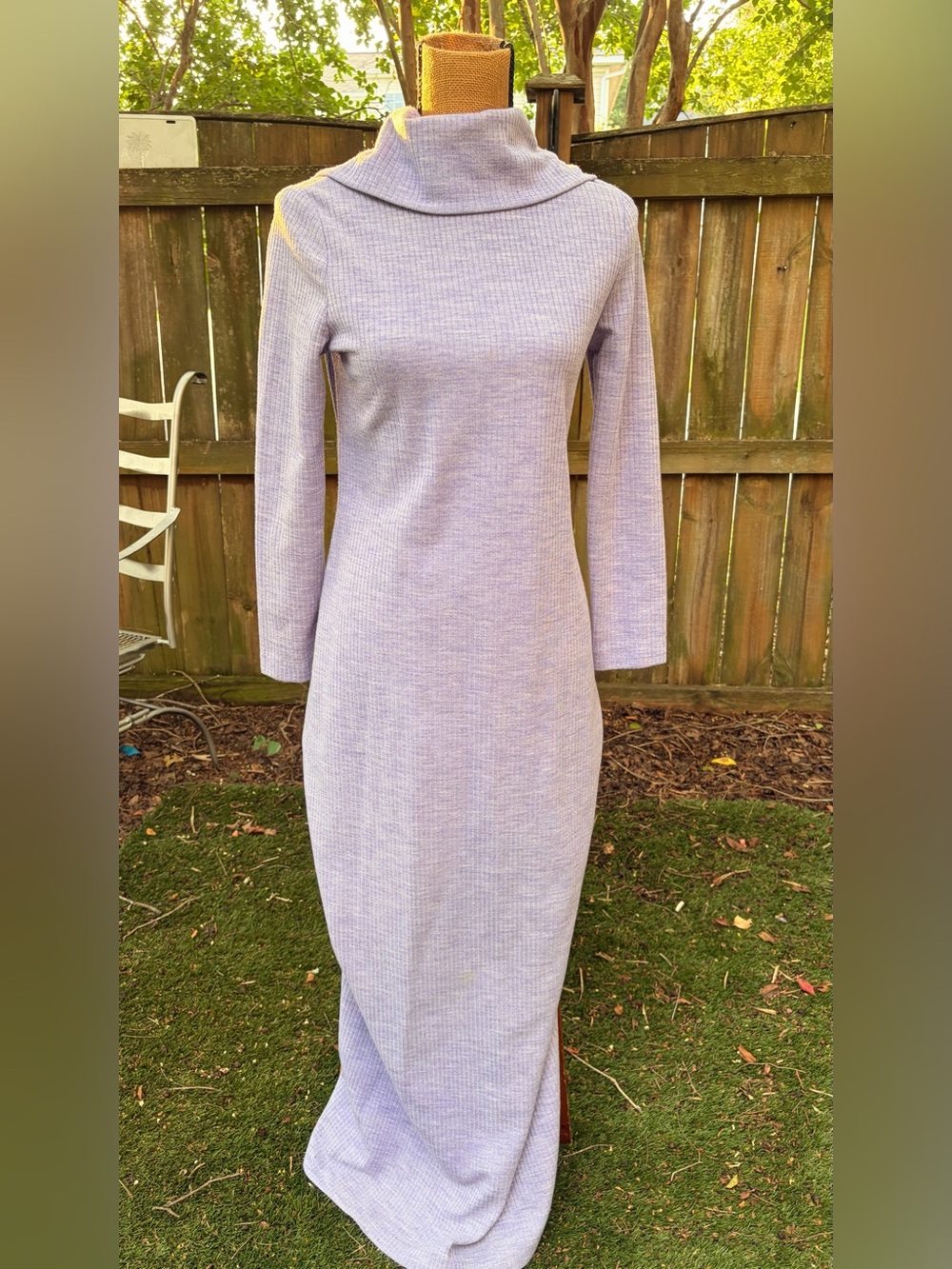 Vintage 60s 70s Lavender Ribbed Knit Maxi Dress Turtleneck Mod Column Gown